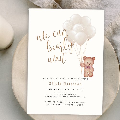 Gender Neutral Boho We Can Bearly Wait Balloons Invitation