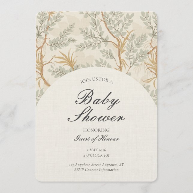 Gender Neutral Botanical Tree Woodland Theme Beige Invitation (Front)