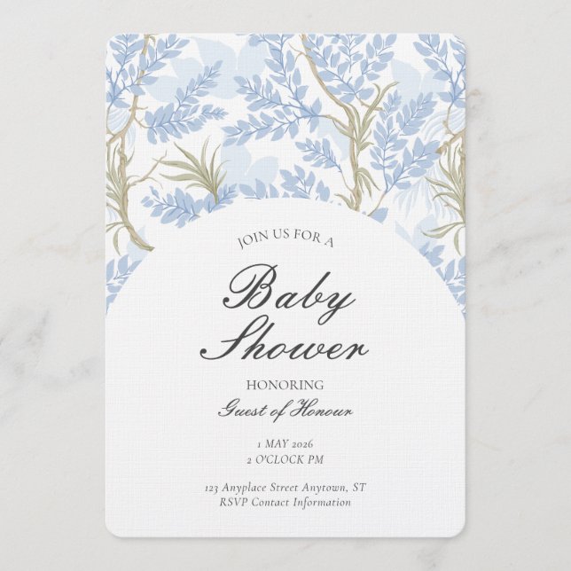Gender Neutral Botanical Tree Woodland Theme Blue Invitation (Front)