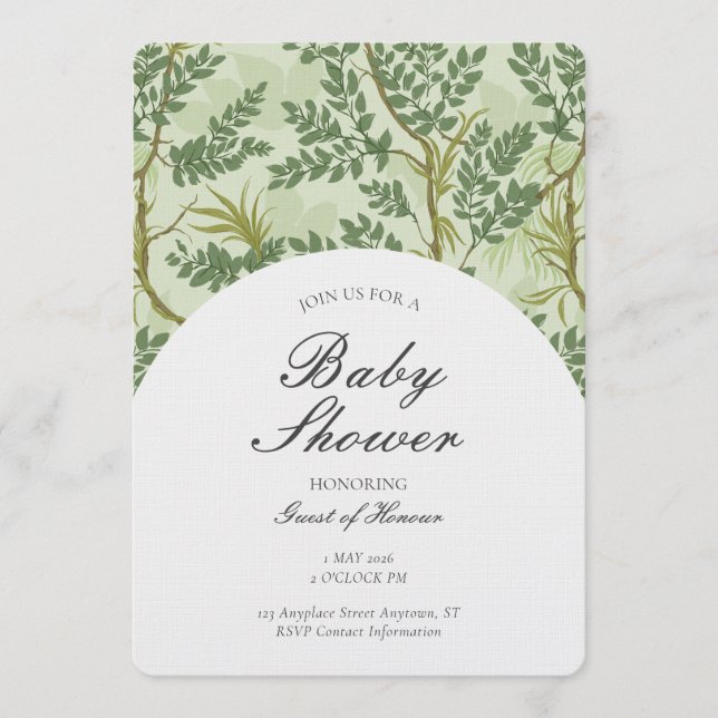 Gender Neutral Botanical Tree Woodland Theme Green Invitation (Front)