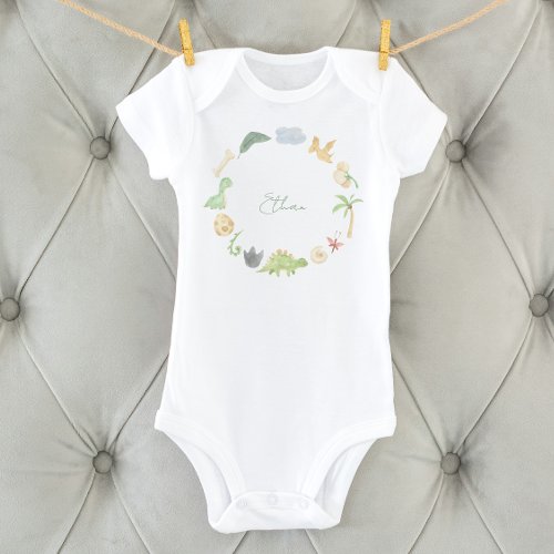 Gender Neutral Boy Watercolor Dinosaurs Wreath Baby Bodysuit