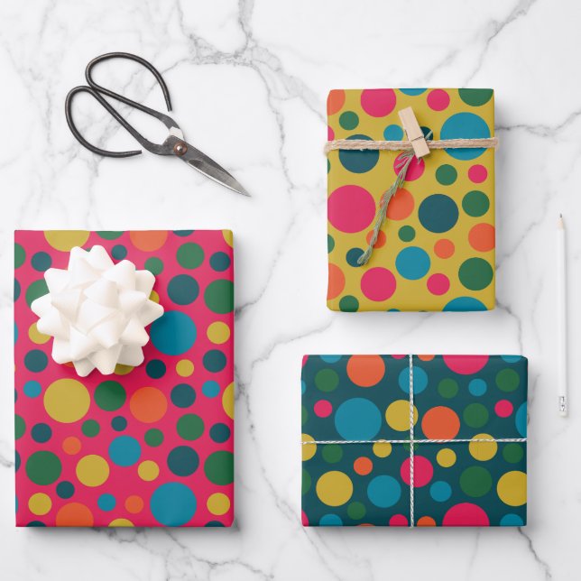 Gender neutral bright polka dot assortment wrapping paper sheets (Front)