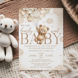 Gender Neutral Brown Bear Balloons Baby Shower  Invitation