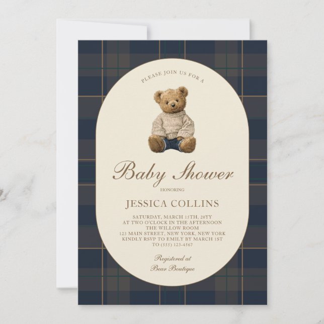 Gender Neutral Brown Blue Teddy Bear Baby Shower Invitation (Front)