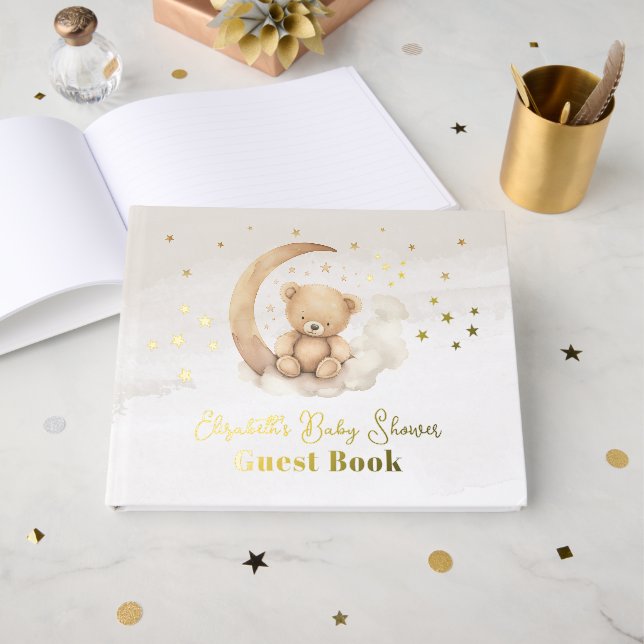 Gender Neutral Brown Teddy Bear Baby Shower Foil Guest Book (Front Open)