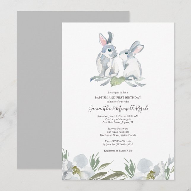 Gender Neutral Bunny Baptism and Birthday Invitation (Front/Back)