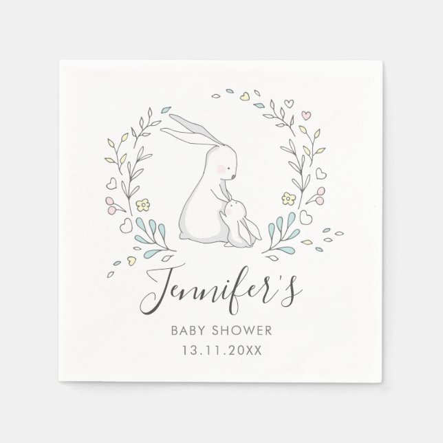 Gender Neutral Bunny Floral Name Date Baby Shower Napkins (Front)