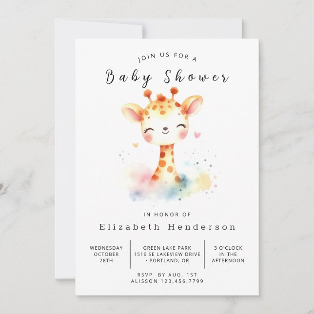 Gender Neutral Custom Giraffe Baby Shower Invitation (Front)