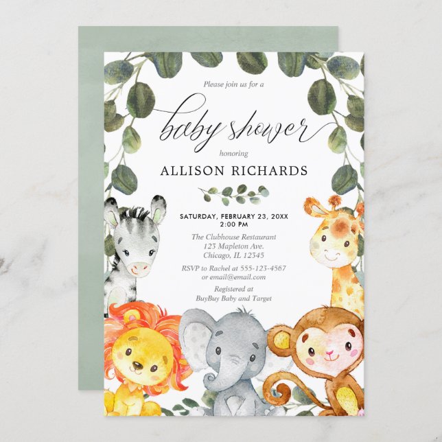 Gender neutral cute animals greenery baby shower invitation (Front/Back)