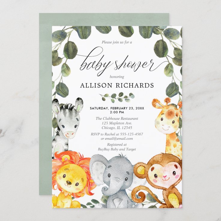 Gender neutral cute animals greenery baby shower invitation | Zazzle