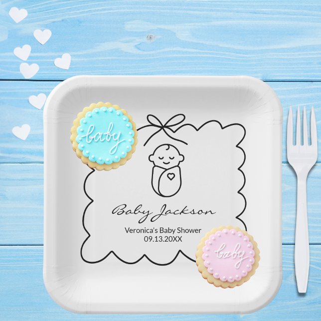 Gender Neutral Cute Baby & Bow Modern Baby Shower Paper Plates (Creator Uploaded)