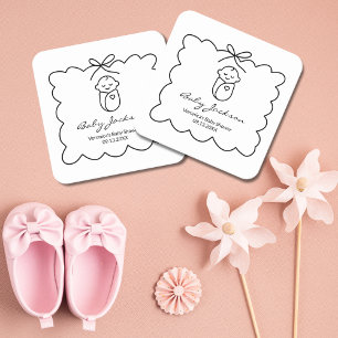 Gender Neutral Cute Baby & Bow Modern Baby Shower Square Paper Coaster