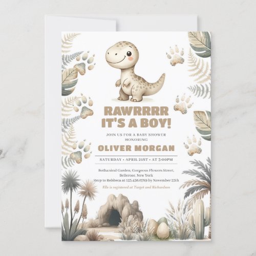 Gender neutral cute baby dinosaur prehistoric invitation