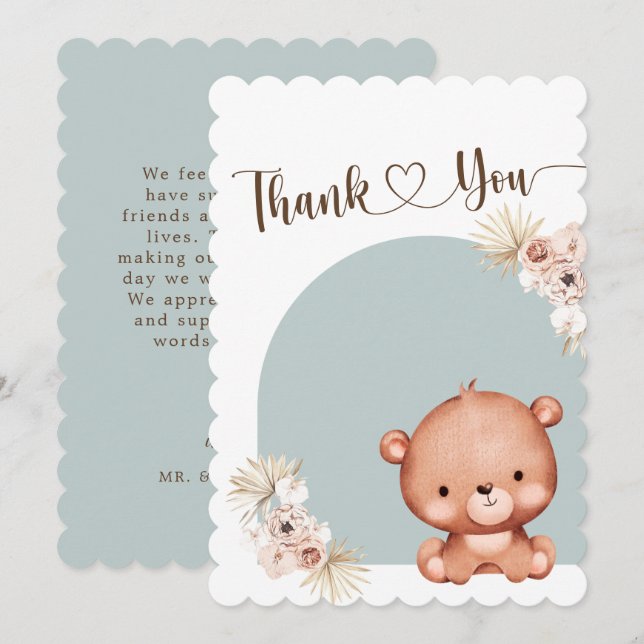 Gender Neutral Cute Bear Dusty Blue Baby Shower  Thank You Card (Front/Back)