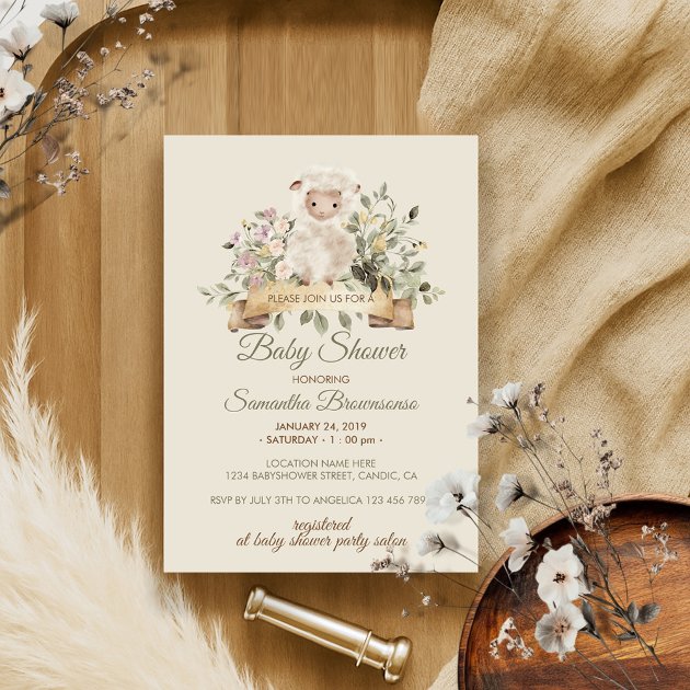 Gender Neutral Cute Beige Cream Sheep Invitation