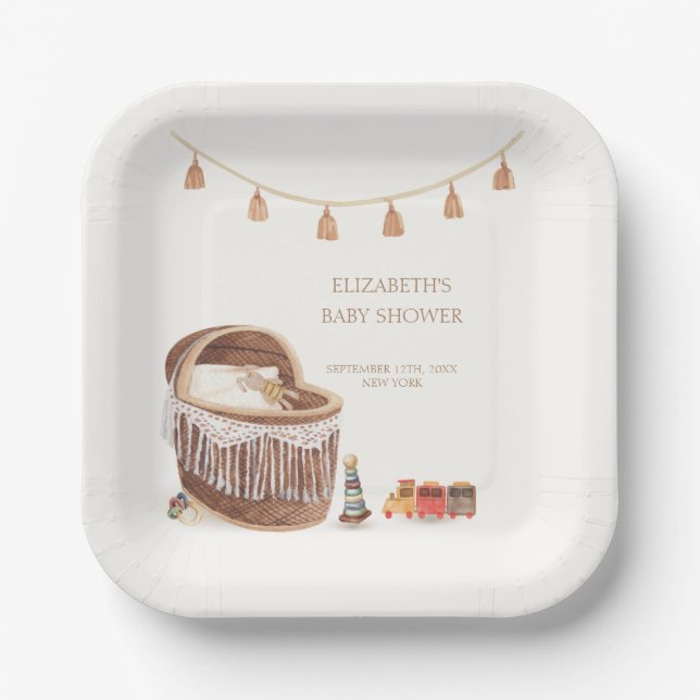 Gender Neutral Cute Boho Bassinet Toy Baby Shower Paper Plates (Front)