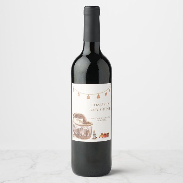 Gender Neutral Cute Boho Bassinet Toy Baby Shower Wine Label (Front)