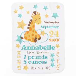 Gender Neutral Cute Giraffe Stars Baby Birth Stats Blanket