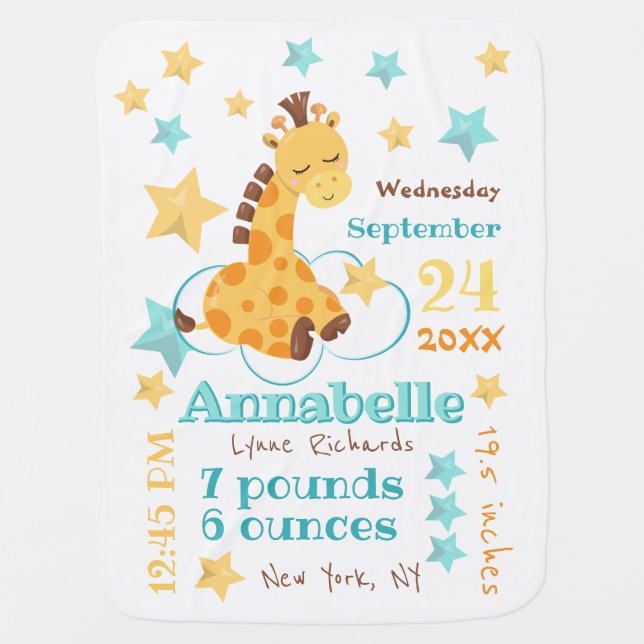 Gender Neutral Cute Giraffe Stars Baby Birth Stats Blanket (Front)