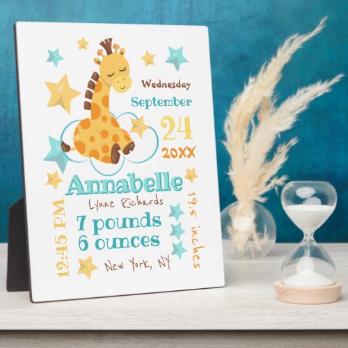 Gender Neutral Cute Giraffe Stars Baby Birth Stats Plaque