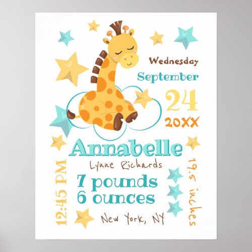Gender Neutral Cute Giraffe Stars Baby Birth Stats Poster