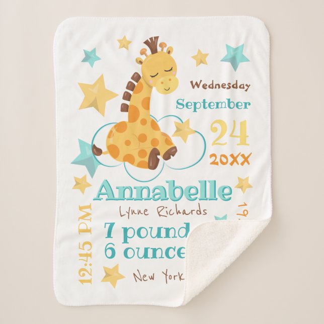 Gender Neutral Cute Giraffe Stars Baby Birth Stats Sherpa Blanket (Front)
