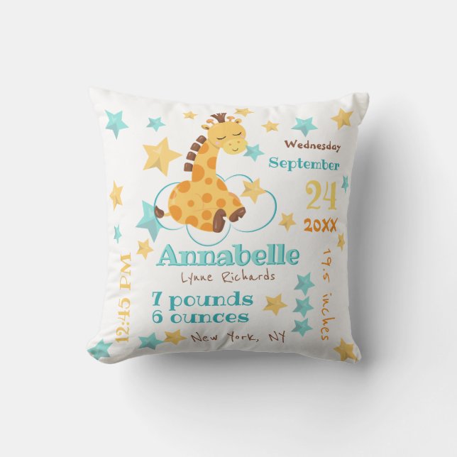Gender Neutral Cute Giraffe Stars Baby Birth Stats Throw Pillow (Front)