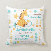 Gender Neutral Cute Giraffe Stars Baby Birth Stats Throw Pillow