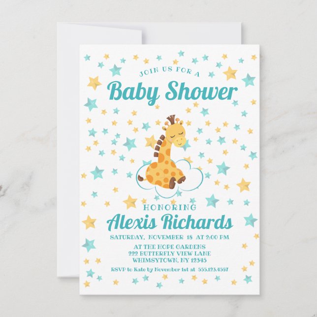 Gender Neutral Cute Giraffe & Stars Baby Shower Invitation (Front)