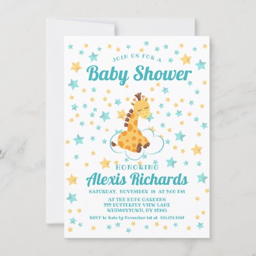 Gender Neutral Cute Giraffe  Stars Baby Shower Invitation