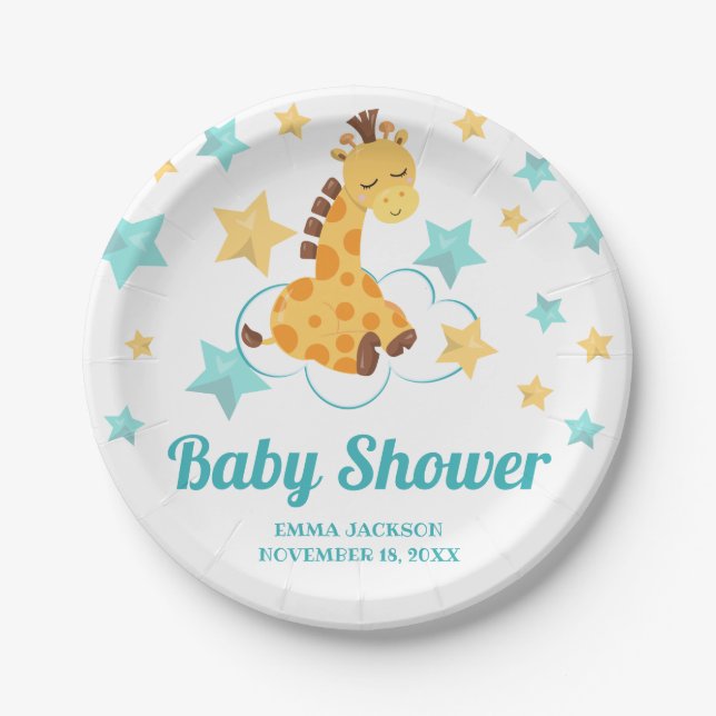 Gender Neutral Cute Giraffe & Stars Baby Shower Paper Plates (Front)