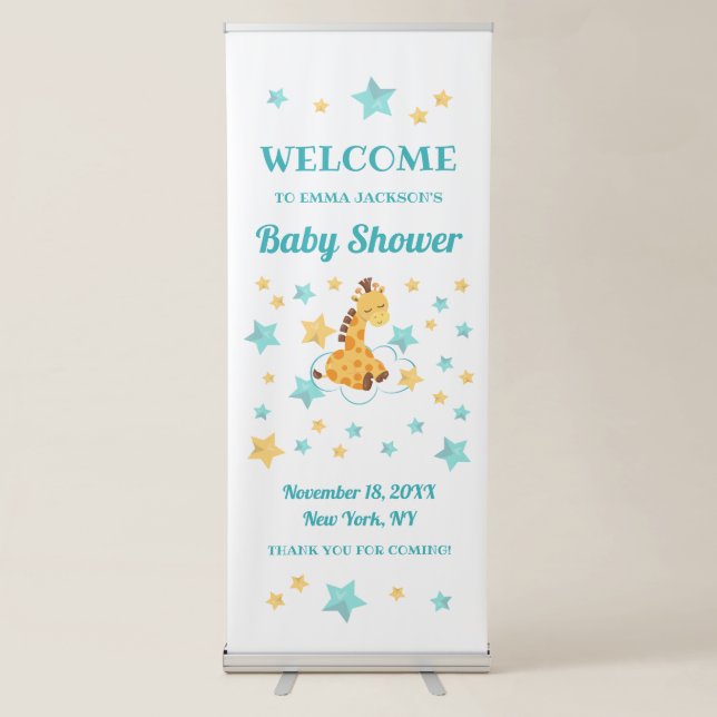 Gender Neutral Cute Giraffe & Stars Baby Shower Retractable Banner (Front)