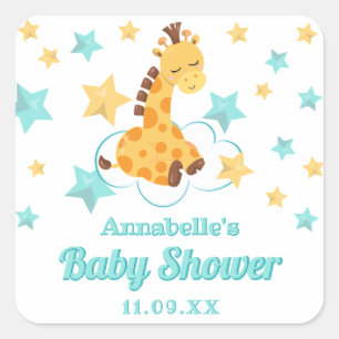 Gender Neutral Cute Giraffe & Stars Baby Shower Square Sticker