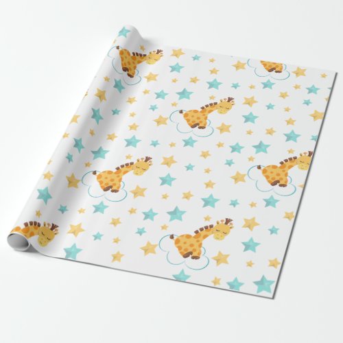 Gender Neutral Cute Giraffe  Stars Baby Shower Wrapping Paper