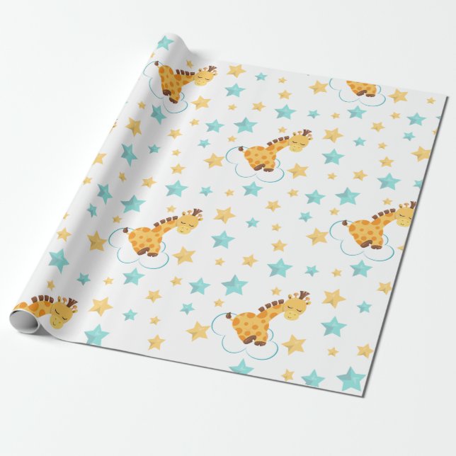 Gender Neutral Cute Giraffe & Stars Baby Shower Wrapping Paper (Unrolled)