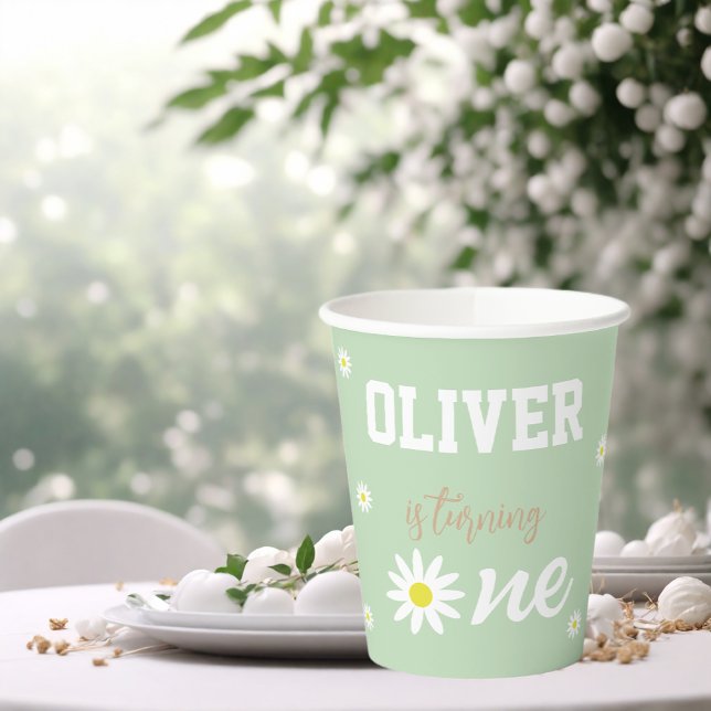 Gender Neutral Daisy 1st Birthday Party Boho Green Paper Cups (Creator Uploaded)