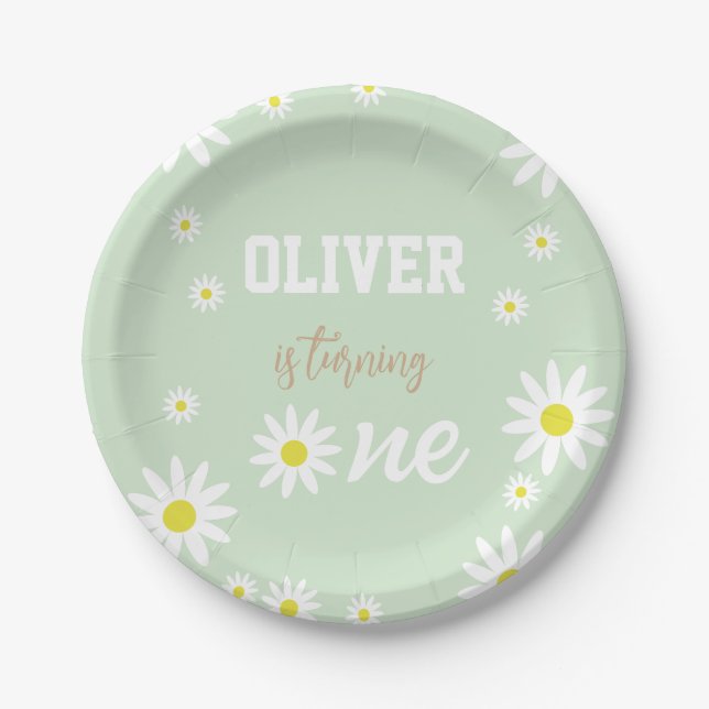 Gender Neutral Daisy 1st Birthday Party Boho White Paper Plates (Front)