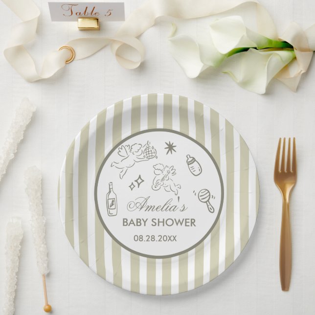 Gender Neutral doodle cupid Baby Shower Green Paper Plates (Wedding)