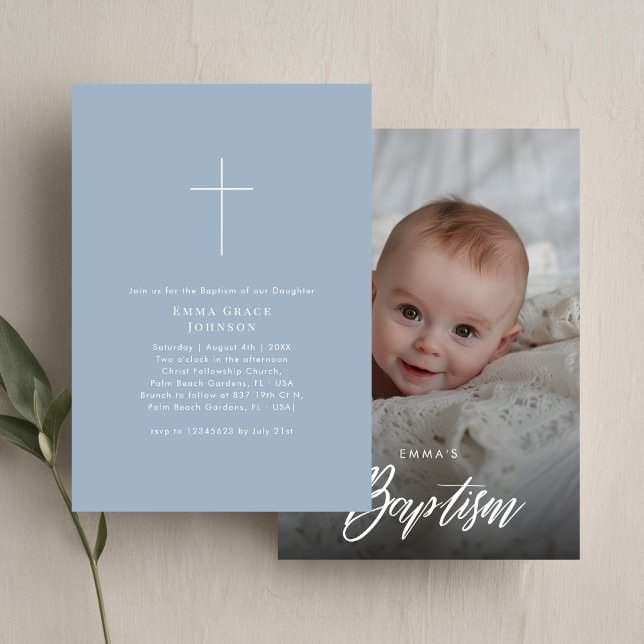 Gender Neutral Dusty Blue Baptism Boy Girl Photo Invitation (Creator Uploaded)