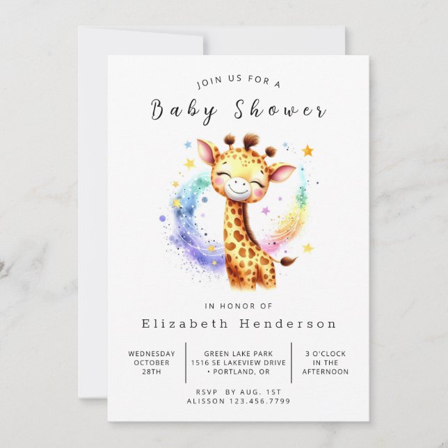 Gender Neutral Editable Giraffe Baby Shower Invitation (Front)