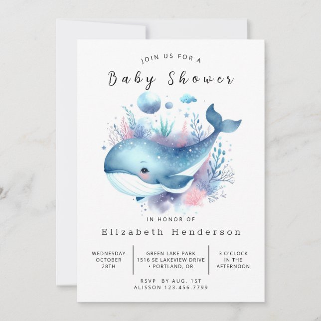 Gender Neutral Editable Whale Baby Shower Invitation (Front)