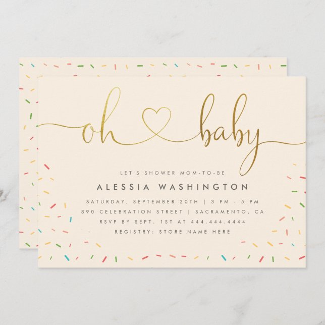 Gender Neutral Elegant Gold Script Oh Baby Shower Invitation (Front/Back)