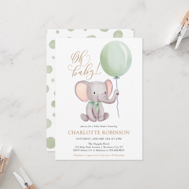 Gender Neutral Elephant Baby Shower Invitation (Front/Back In Situ)