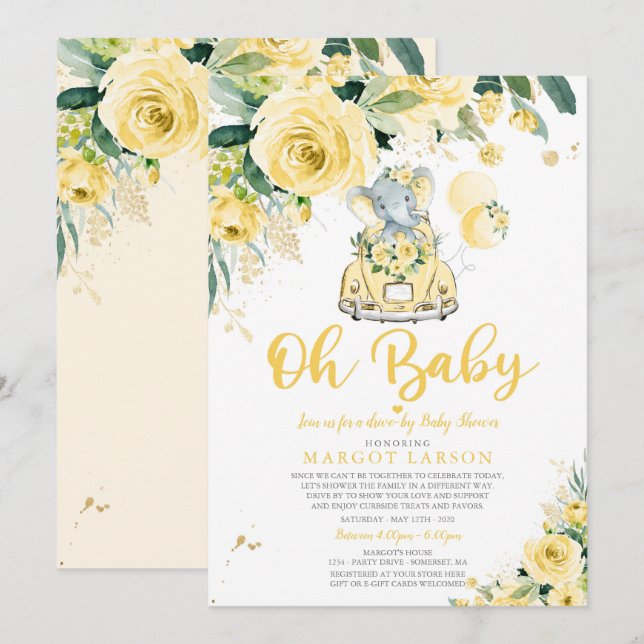 Gender Neutral Elephant Drive By Baby Shower Invitation (Front/Back)