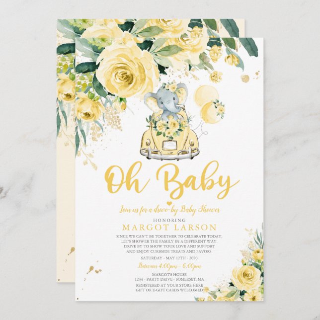 Gender Neutral Elephant Drive By Baby Shower Invitation (Front/Back)