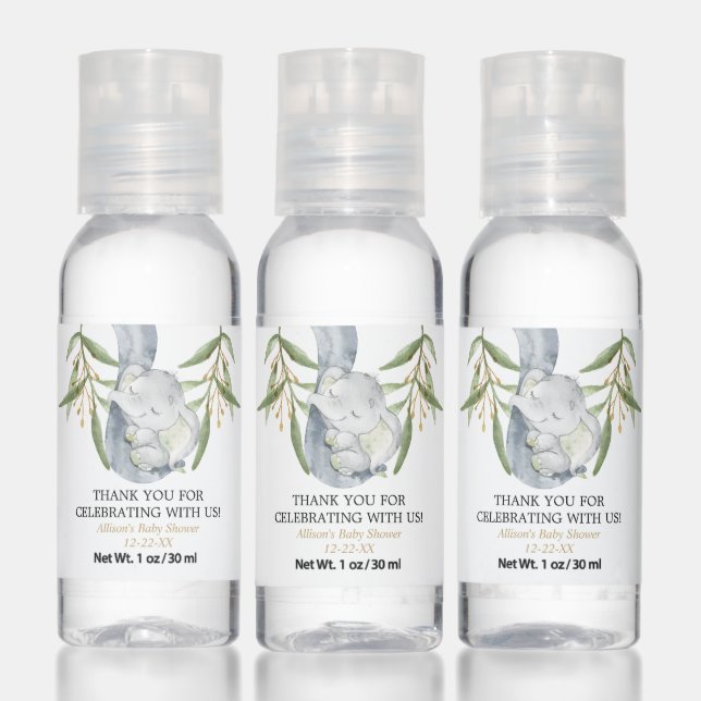 Gender neutral elephant greenery gold baby shower hand sanitizer (Set)