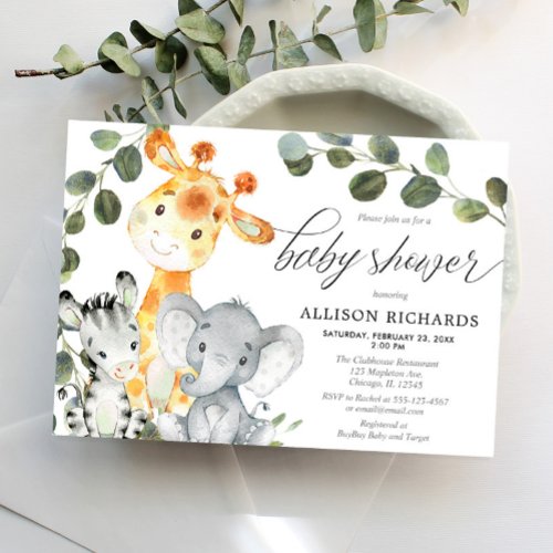 Gender neutral eucalyptus cute safari baby shower invitation