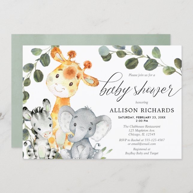 Gender neutral eucalyptus cute safari baby shower invitation (Front/Back)