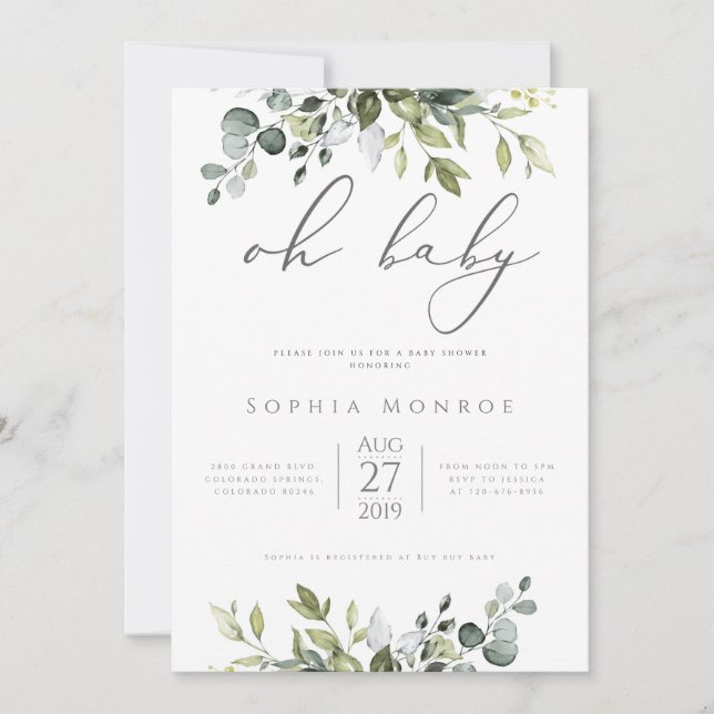 Gender Neutral Eucalyptus Greenery Oh Baby Shower Invitation (Front)
