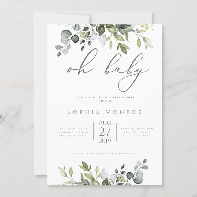 Gender Neutral Eucalyptus Greenery Oh Baby Shower Invitation (Front)